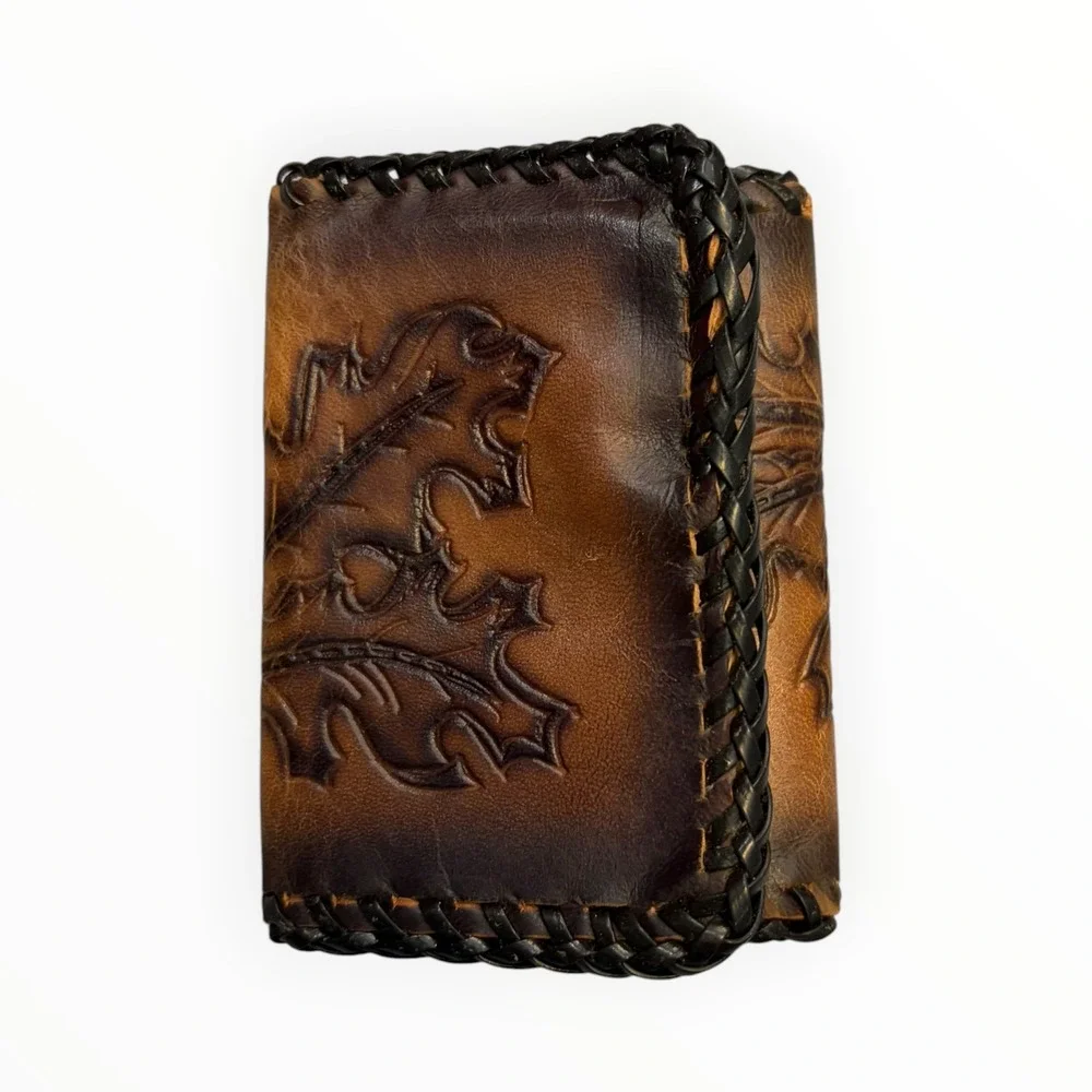 Vintage Hand Tooled Leather Trifold Wallet Oak Leaf Acorn Whipstitch Brown